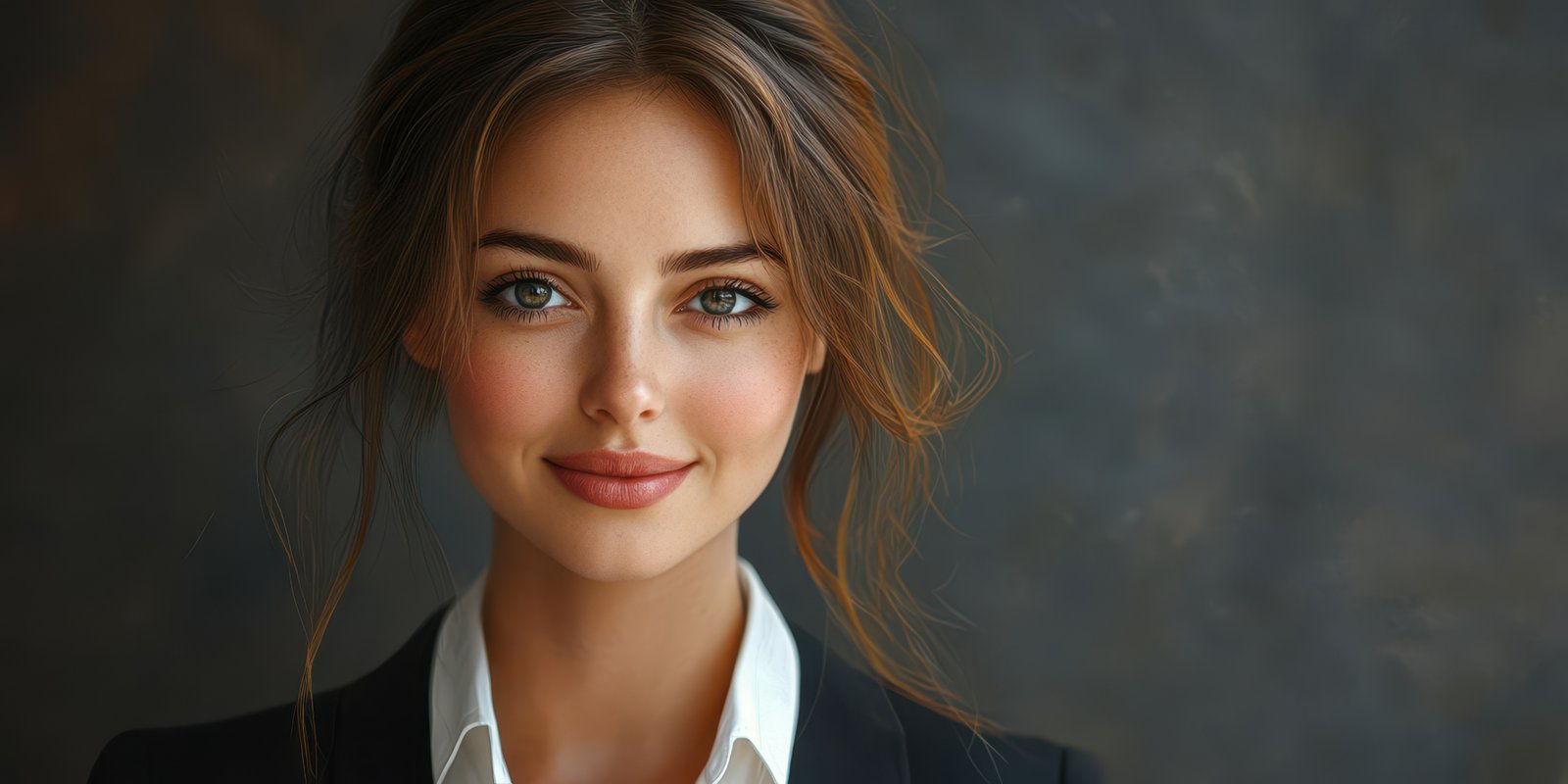 Smiling woman with long hair in formal attire poses against a dark background in a professional setting
